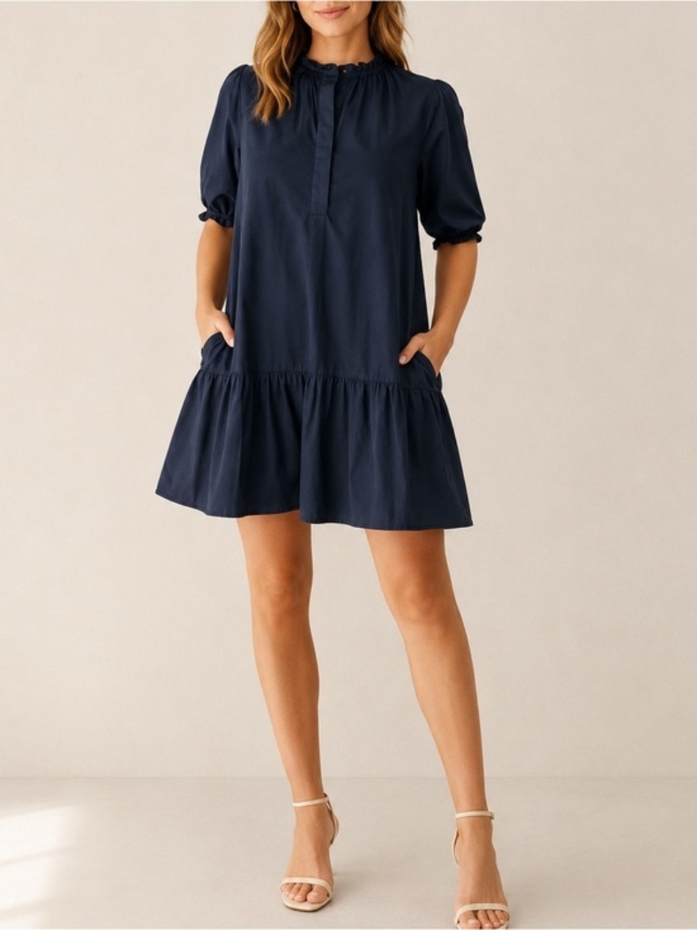 Caryn Lawn Clare Navy Ruffle Boho Swing Pockets Resort Style Mini Dress